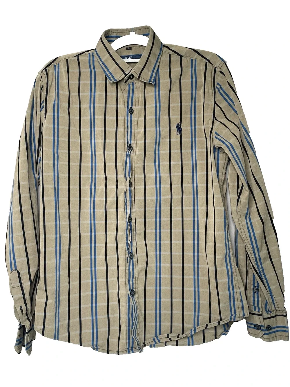 Polo Ralph Lauren Shirt Mens Large Tan Blue Plaid Striped Button Front Cotton